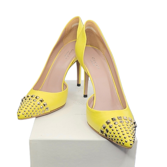 GUCCI Studded Captoe D'Orsay Pumps In Soft Yellow Leather - Picture 12 of 12
